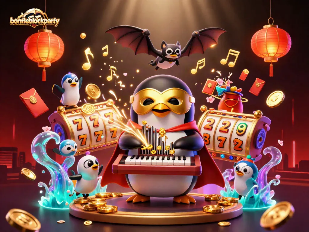Experience thrilling wins with bonfireblockparty in this vibrant 3D casino illustration.
