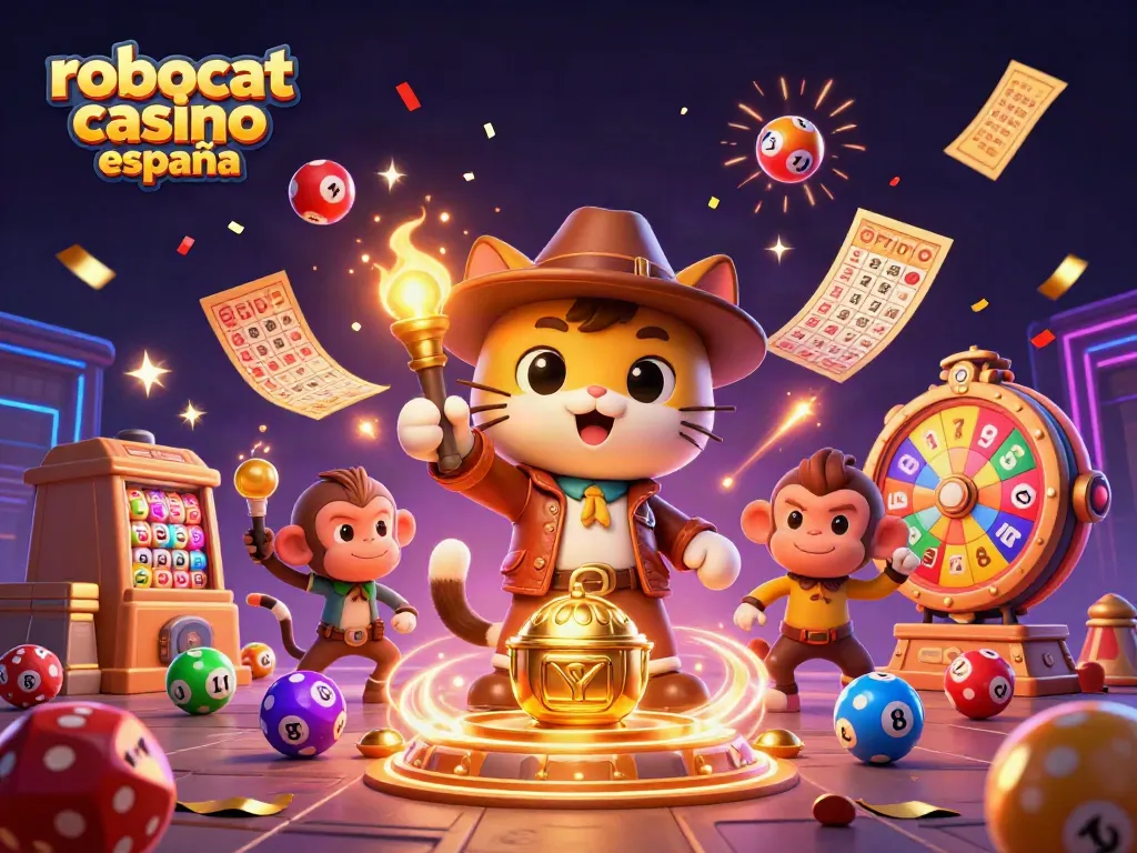 Experience the excitement of robocat casino españa with a vibrant casino-themed adventure illustration.