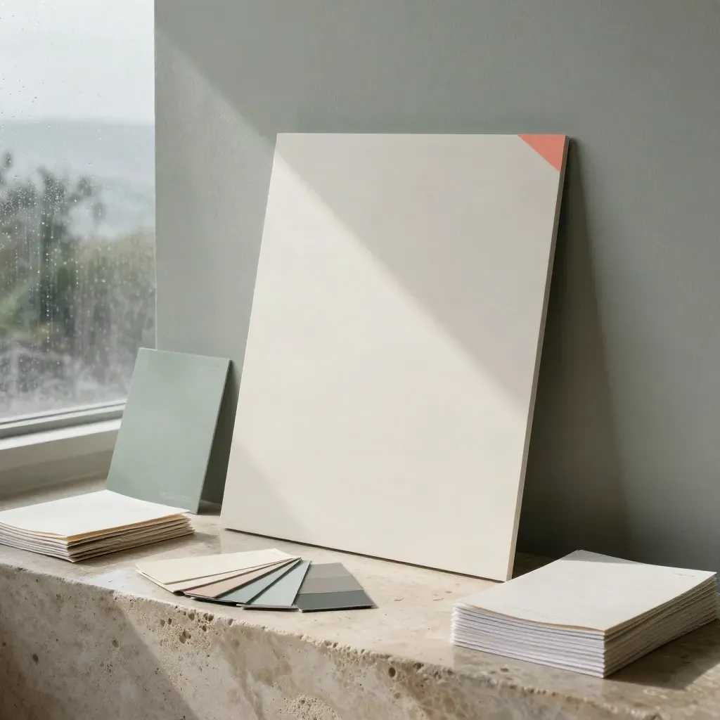 Tablero de marca con muestras, papeles y empaques en un estudio tras la lluvia.