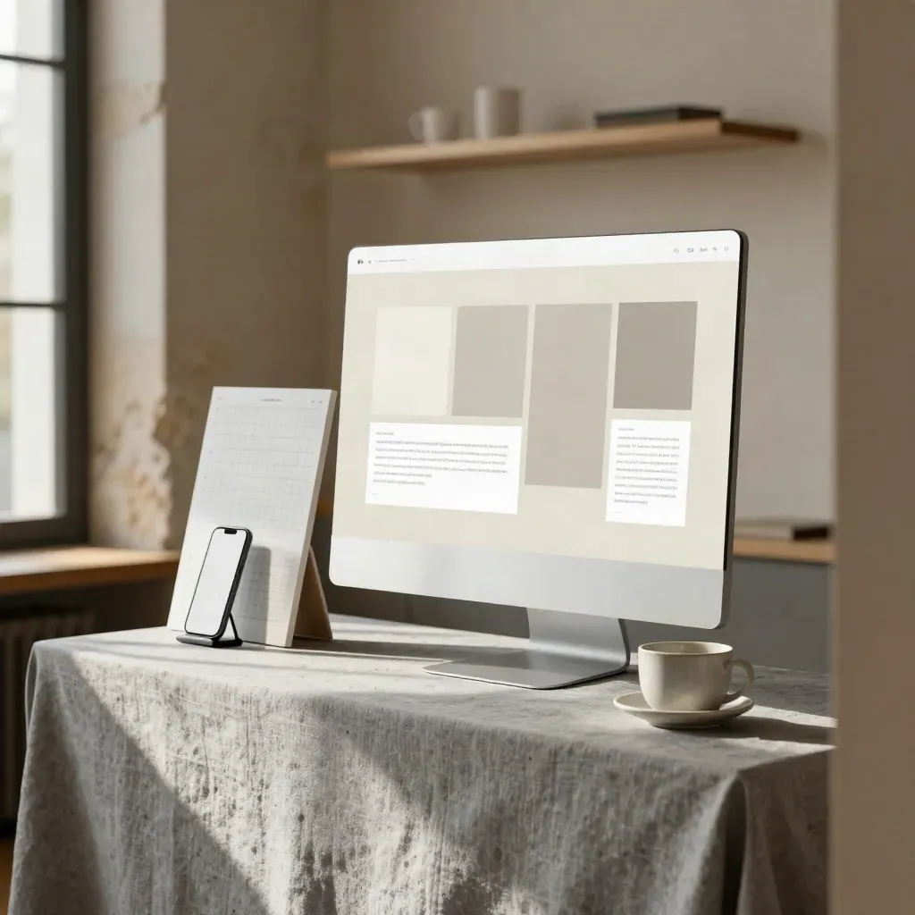 Monitor, soporte de móvil, tablero cuadriculado y taza en un estudio creativo con luz cálida.