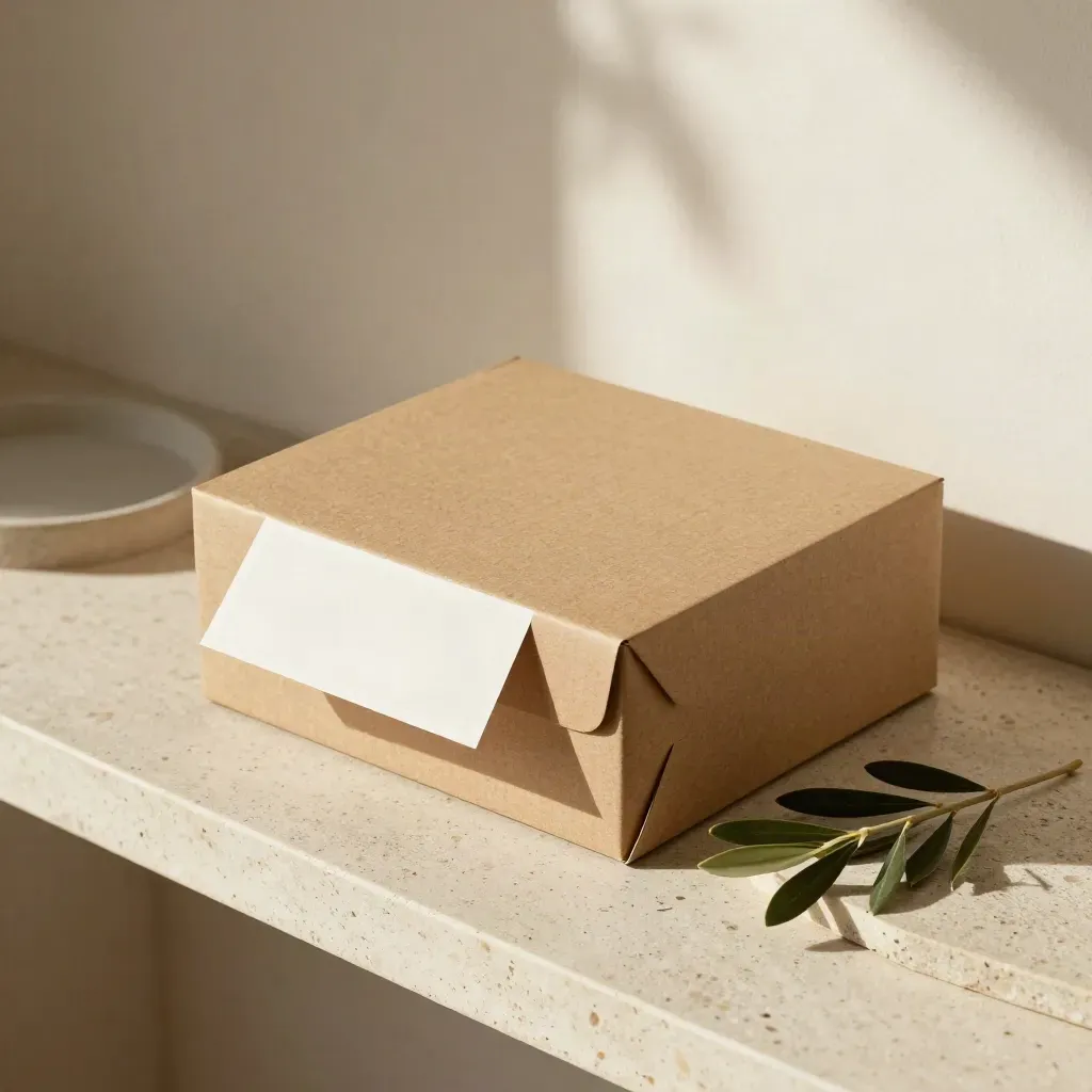 Set de packaging kraft con bandeja de piedra y rama de olivo en luz suave de tarde.