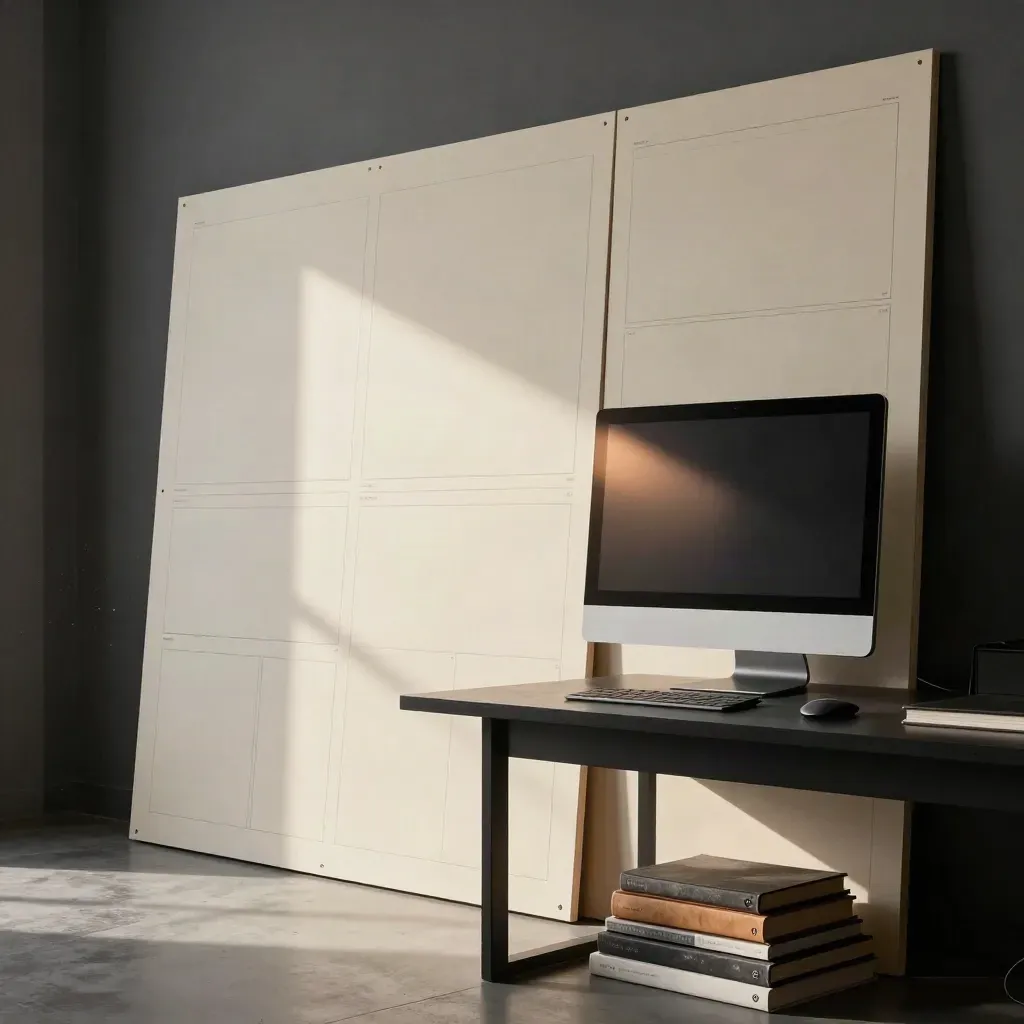 Storyboard de diseño web en estudio, con monitor apagado y libros apilados bajo luz rasante.
