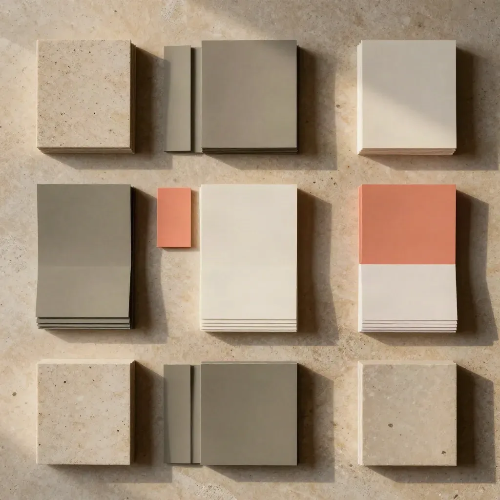 Composición cenital de piezas modulares de marca sobre piedra, con acento coral y luz cálida.