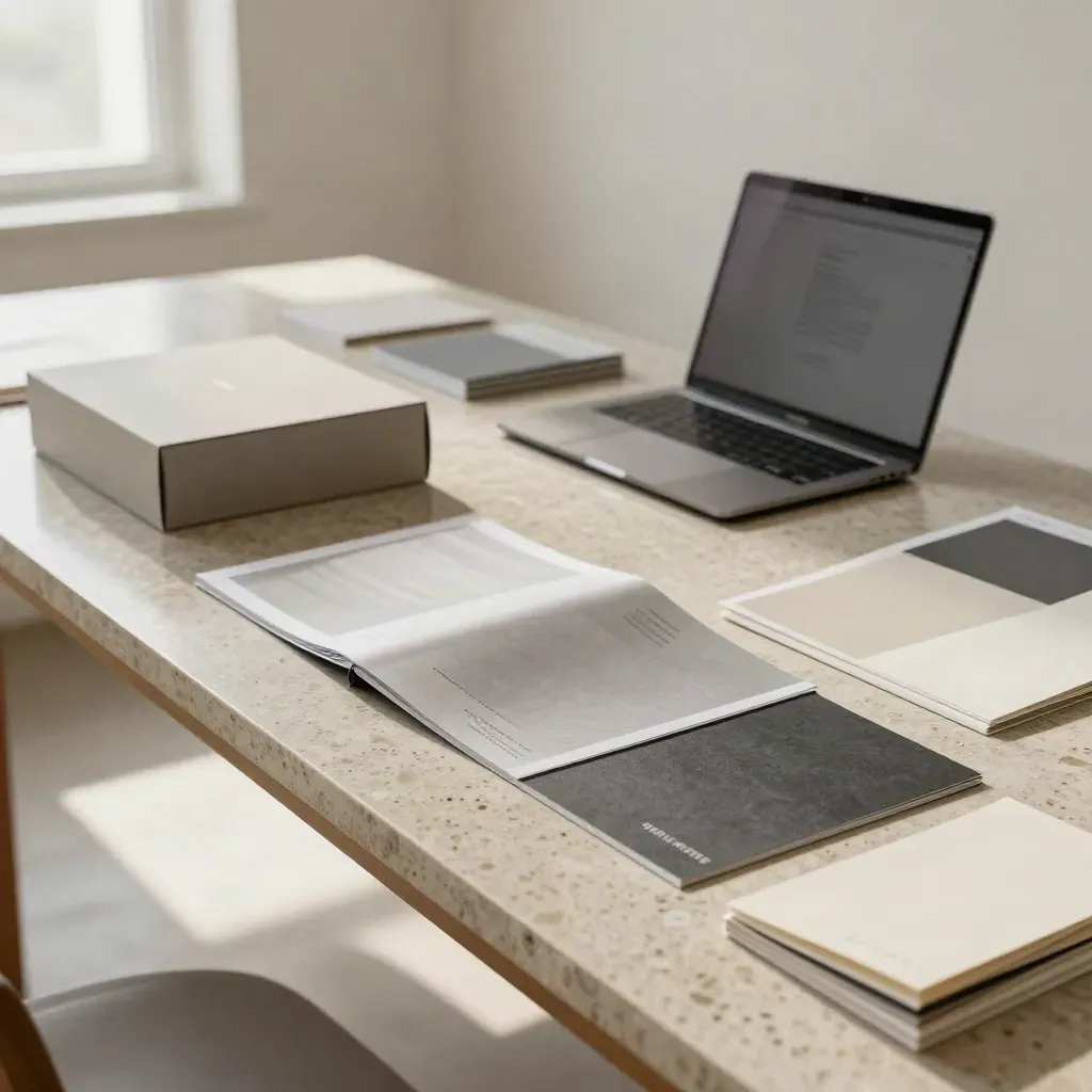 Kit de lanzamiento de marca sobre mesa de estudio, con luz de ventana y acabados piedra.
