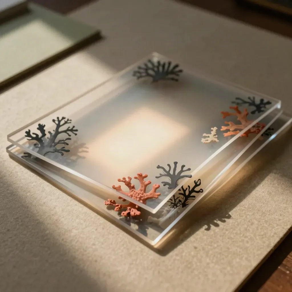 Marcos de acetato y recortes abstractos sobre una luz coral en un estudio oscuro.