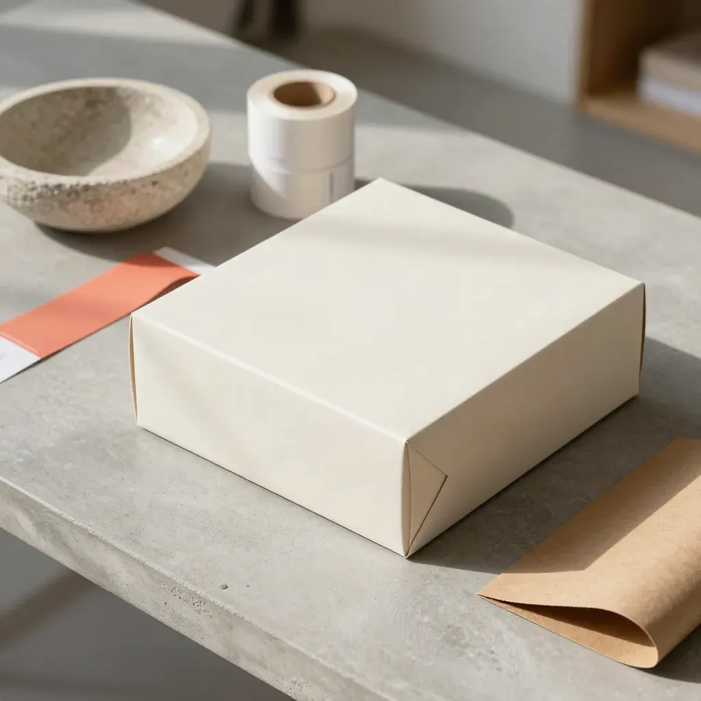 Table de embalaje costero con caja, rollos de etiquetas y cuenco de piedra.
