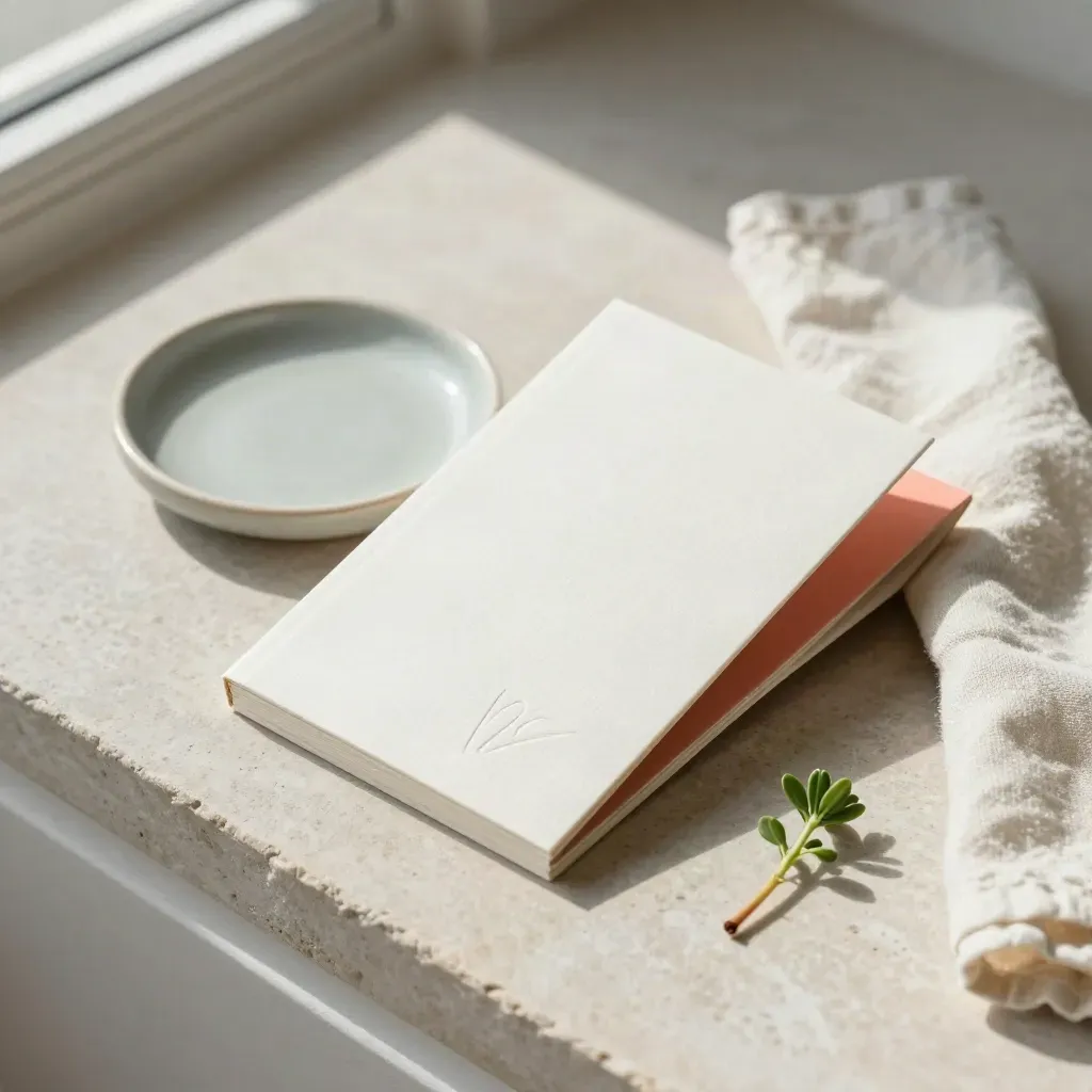 Flatlay de deck de branding con cerámica, lino y brote vegetal sobre piedra clara.