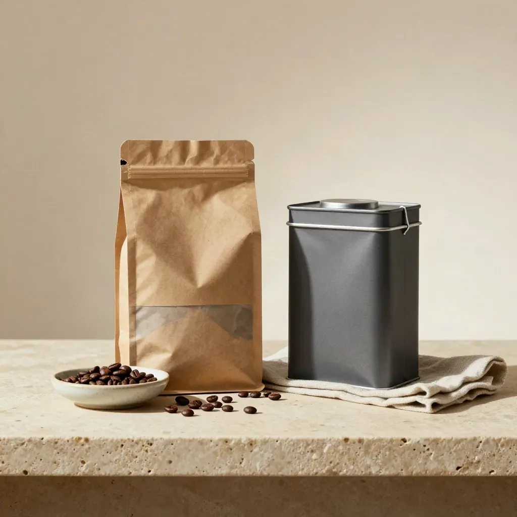 Bolsa kraft de café con caja, cuenco de cerámica y granos sobre piedra clara.