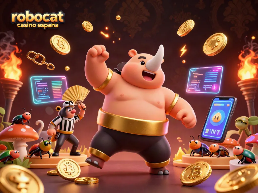 Experience thrilling wins at robocat casino españa with vibrant 3D characters amidst flying winnings and crypto elements.