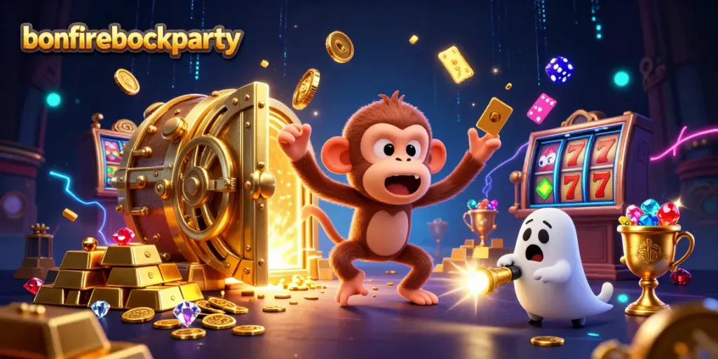 Experience the excitement of bonfireblockparty with a playful ghost-hunter puppy and a poltergeist in a lively casino scene.
